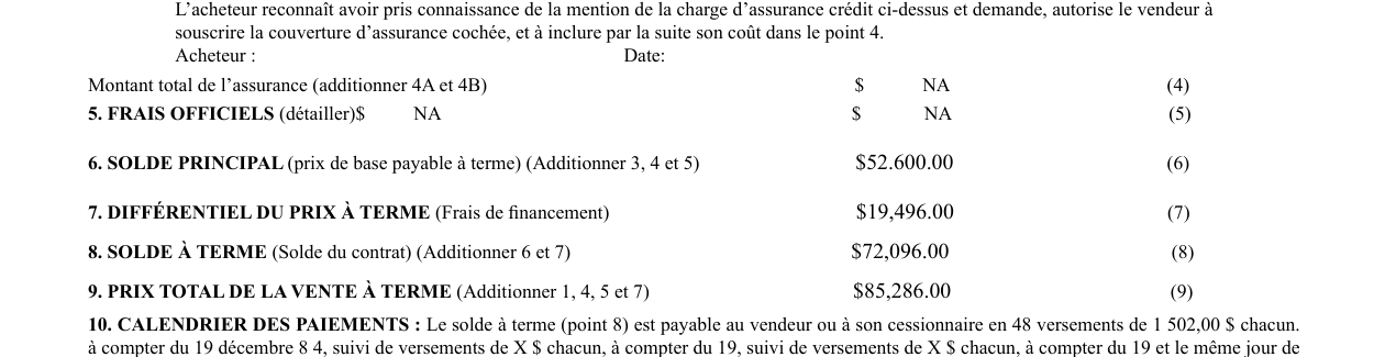 Bloc financier : 52 600 $ financés, 19 496 $ de frais, 72 096 $ payés, 48 versements de 1 502 $