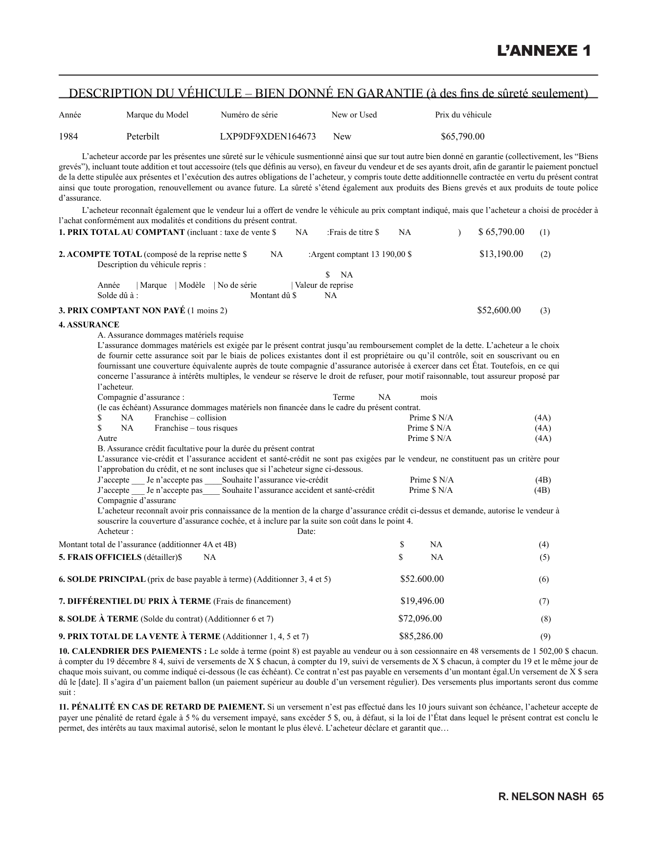 Annexe 1 - Vrai contrat de financement Peterbilt 1984